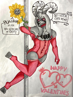 anthro between_legs chest_tattoo clothed clothing crossdressing dancing dialogue dialogue_box duo flower handwear heart_eyes heart_symbol holidays horn leaf legwear long_ears male muscular muscular_male pasties pink_clothing plant pole pole_between_legs pole_dancing red_eyes tattoo text adamayster undertale undertale_(series) valentine's_day asriel_dreemurr_(god_form) flowey_the_flower boss_monster_(undertale) bovid caprine elemental_creature flora_fauna humanoid mammal absurd_res english_text hi_res traditional_media_(artwork)