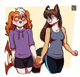 anthro blush bottomwear brown_hair clothing duo female hair hand_holding hoodie male male/female pants shirt shorts smile sweatpants tail tail_motion tailwag tank_top topwear freckles_(artist) kristania pecas_(freckles) bird_dog canid canine canis domestic_dog hunting_dog lemur mammal primate ring-tailed_lemur spaniel strepsirrhine welsh_springer_spaniel 2025