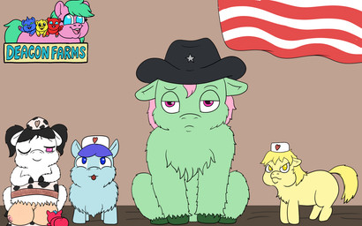 ambiguous_feral ambiguous_gender anus black_hair blonde_hair blue_body blue_fur blue_hair breastfeeding clothing cowboy_hat crotch_breasts female female_feral feral front_view frown fur green_body green_fur green_hooves group hair hat headgear headwear hooves narrowed_eyes neonate nipples nurse_clothing nurse_hat nurse_headwear one_eye_closed open_mouth pink_eyes pink_hair pink_nipples purple_hair red_body red_fur sitting smile tail twintails_(hairstyle) white_body white_fur wink x_anus yellow_body yellow_fur yellow_tail young young_ambiguous young_feral ponepone fluffy_pony fluffy_pony_(species) mammal 16:10 2026 digital_media_(artwork) flat_colors hi_res widescreen