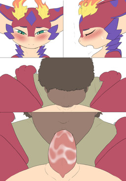 bestiality blush clothing cute_fangs duo erection fangs fellatio feral fire genitals green_eyes looking_pleasured male male/male oblivious open_mouth oral penile penis red_body scales sex simple_background tail teeth white_background wings young gushoafterdark league_of_legends mythology riot_games tencent smolder_(lol) dragon human mammal mythological_creature mythological_scalie scalie absurd_res comic digital_media_(artwork) hi_res