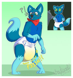 ambiguous_gender anthro black_nose blue_body blue_fur blue_inner_ear blue_tail blush blush_lines bodily_fluids border button_(fastener) button_eyes clothed clothing cutaway diaper diaper_fetish dipstick_tail exclamation_point fur genital_fluids gloves_(marking) heart_symbol kerchief kettle leg_markings markings neckerchief neckwear open_mouth plushie pouring_liquid pouring_water question_mark red_kerchief red_neckerchief shocked simple_background socks_(marking) solo sound_effects standing tail tail_markings teeth text unclean_diaper urine used_diaper using_diaper voodoo voodoo_doll vowelless vowelless_sound_effect wearing_diaper wet_diaper wetting wetting_diaper white_border white_diaper shadyadi jacio_the_wolfbat bat canid canine canis hybrid mammal wolf 2025 artist_name hi_res signature male_(lore)