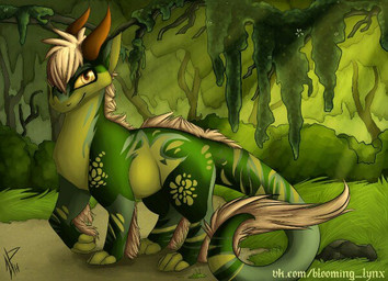 ambiguous_gender arm_tuft brown_horn day detailed_background digitigrade feral forest grass green_body horn jungle leg_tuft light looking_at_viewer mane moss outside plant rock shrub snout solo standing sunlight tail tail_tuft tan_mane tree tuft yellow_eyes bloominglynx mythology dragon mythological_creature mythological_scalie scalie wingless_dragon 2018 digital_drawing_(artwork) digital_media_(artwork) shaded soft_shading