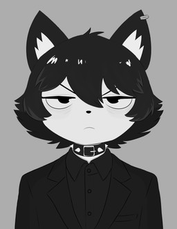 anthro clothing collar collarbone eye_bags female frown fur hair looking_at_viewer short_hair solo spiked_collar spikes suit tired tired_eyes unimpressed white_body white_fur razval valeria_(razval) domestic_cat felid feline felis mammal absurd_res hi_res monochrome