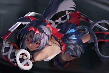2_tails barcode barcode_tattoo bare_shoulders black_hair boots cable_tail clothing dual_wielding female footwear forehead_tattoo fur_trim_(clothing) glowing glowing_tail hair hair_between_eyes holding_melee_weapon holding_object holding_sword holding_weapon inner_ear_fluff long_hair looking_at_viewer melee_weapon multi_tail parted_lips ponytail pupils red_boots red_clothing red_eyes red_footwear shoes slit_pupils smile smiling_at_viewer solo sword tail tattoo tuft weapon aragiken asian_mythology east_asian_mythology japanese_mythology mihoyo mythology zenless_zone_zero nekomiya_mana animal_humanoid cat_humanoid felid felid_humanoid feline feline_humanoid humanoid mammal mammal_humanoid nekomata thiren yokai 3:2 absurd_res digital_drawing_(artwork) digital_media_(artwork) hi_res
