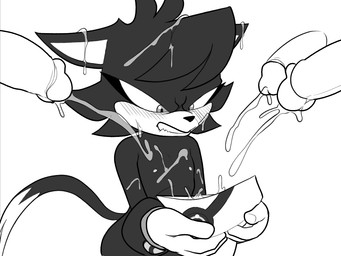 angry anthro blush bodily_fluids bowl container cum cum_all_over cum_covered cum_in_bowl cum_in_container cum_in_hair cum_on_body dark_body dark_fur disembodied_penis ejaculation fur genital_fluids genitals group hair male male/male messy penis raven_the_cat trio 4chan_anon fan_character domestic_cat felid feline felis human mammal monochrome