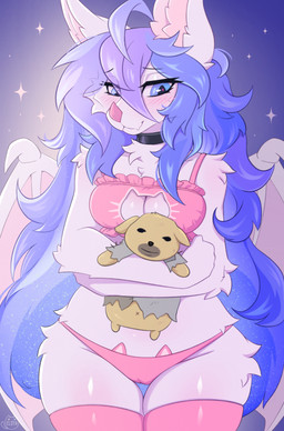 ahoge ambiguous_gender anthro bangs black_choker black_jewelry black_necklace blue_eyes blue_hair blush breasts camel_toe cat_lingerie chest_tuft choker clothing duo female front_view hair jewelry leg_tuft legwear lingerie long_hair looking_at_another looking_down medium_breasts membrane_(anatomy) membranous_wings necklace panties pink_clothing pink_nose pink_panties pink_stockings pink_underwear smile stockings thigh_gap thigh_tuft tuft underwear wings eloya_art prism_(prsmrti) bat canid canine canis domestic_dog mammal colored digital_drawing_(artwork) digital_media_(artwork) hi_res shaded