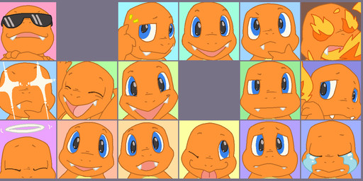 blue_background blue_eyes blush bodily_fluids crying eyes_closed eyewear fire green_background halo happy heart_eyes heart_symbol looking_at_viewer multiple_poses one_eye_closed open_mouth orange_body partitioning pose purple_background red_background sad simple_background smile solo sunglasses sweat sweatdrop tears tongue tongue_out argon_vile nintendo pokemon fan_character kilkakon charmander generation_1_pokemon pokemon_(species) reptile scalie 2019 aliasing digital_media_(artwork) headshot_portrait portrait