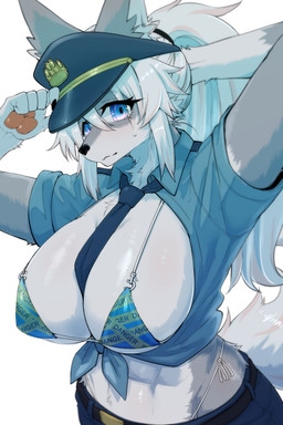 abs anthro bangs big_breasts bikini bikini_top blue_bikini blue_bikini_top blue_clothing blue_eyes blue_jacket blue_swimwear blue_topwear breasts chest_tuft clothing female fur grey_body grey_fur hair huge_breasts jacket kemono looking_at_viewer multicolored_bikini multicolored_bikini_top multicolored_body multicolored_clothing multicolored_fur multicolored_swimwear muscular muscular_female neck_tuft necktie pawpads pink_pawpads police police_hat police_uniform ponytail side_bangs solo swimwear topwear tuft two-piece_swimsuit uniform white_body white_breasts white_fur white_hair ookamiwaho okami_bark canid canine canis mammal wolf 2:3 absurd_res hi_res