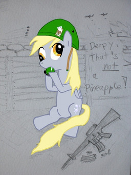cutie_mark derp_eyes explosives feathered_wings feathers female feral grenade grey_body grey_feathers gun ranged_weapon solo tail war weapon wings unknown_artist friendship_is_magic hasbro my_little_pony mythology derpy_hooves_(mlp) equid equine mammal mythological_creature mythological_equine pegasus 3:4