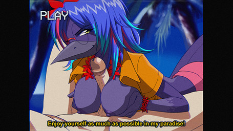 accessory aloha_shirt anthro arched_back areola beach beak between_legs big_breasts blue_hair bottomwear bracelet breast_play breast_squeeze breasts clothed clothing collared_shirt crt_effect dialogue duo erection exposed_breasts eyebrows eyelashes eyewear feathers female fingers flower flower_bracelet flower_garland flower_in_hair genitals glasses hair hair_accessory hand_on_breast hotpants human_on_anthro interspecies jewelry lei looking_at_viewer male male/female multicolored_body multicolored_feathers multicolored_hair nipples nude open_clothing open_shirt open_topwear outside palm_tree partially_clothed pattern_clothing pattern_shirt pattern_topwear penile penis penis_between_breasts plant porn_dialogue pressing_breasts_together purple_body purple_feathers purple_nipples sea seaside seductive sex sex_on_the_beach shirt shorts smile smiling_at_viewer solo_focus spread_legs spreading squeezing sunglasses tail tail_feathers text titfuck topwear tree two_tone_body two_tone_feathers vhs_filter water wearing_glasses yellow_eyes dirtyero soli_(textingpenguin18) avian bird corvid corvus_(genus) crow human mammal oscine passerine 2026 digital_drawing_(artwork) digital_media_(artwork) english_text