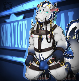 anthro areola blue_body blue_eyes blue_fur body_hair bulge chest_tuft clothing collar detailed_bulge ear_piercing ear_ring facial_markings facial_piercing fur gradient_body gradient_fur gradient_tail happy_trail harness head_markings horn horn_jewelry horn_ring jewelry jockstrap kneeling leash leash_in_mouth leashed_collar lgbt_pride lip_piercing looking_at_viewer male markings muscular muscular_male nipples object_in_mouth piercing pink_areola pink_nipples pride_colors rainbow_pride_colors ring_(jewelry) ring_piercing seductive snakebite_piercing solo tuft underwear wearing_collar wearing_harness white_body white_fur woogigooie mythology kenji_elis dragon eastern_dragon mythological_creature mythological_scalie scalie 2024 hi_res