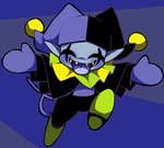 blue_body blue_skin clothing eyes_closed hat headgear headwear humanoid_pointy_ears male not_furry open_mouth open_smile pointy_ears sharp_teeth smile solo teeth tongue tongue_out yellow_teeth seologi deltarune undertale_(series) jevil_(deltarune) darkner imp 2018 digital_media_(artwork) hi_res