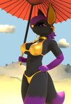 ankh_necklace ankh_piercing anthro big_ears black_body black_fur breasts collar ear_piercing ear_ring female fur piercing purple_body purple_eyes purple_fur ring_piercing small_waist solo tail umbrella yellow_inner_ear yellow_nose username-password tiye_(userpass) anubian_jackal canid canine canis jackal mammal 3d_(artwork) digital_media_(artwork) hi_res