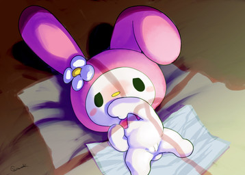 anthro bedding bedroom blush chibi covering covering_face diaper diaper_change dramatic_lighting embarrassed featureless_chest featureless_feet featureless_hands feet female flower_accessory genitals hood lying on_back open_diaper plump_labia simple_eyes solo spread_legs spreading vulva white_body young young_anthro young_female zigrock001 onegai_my_melody sanrio my_melody lagomorph leporid mammal rabbit 2023 hi_res