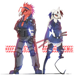 accessory anthro arm_wraps armor beak biped black_body black_boots black_clothing black_feathers black_footwear black_gloves black_handwear black_legwear black_stockings black_thigh_highs blue_bottomwear blue_clothing blue_headwear blue_skirt body_armor boots bottomwear breasts bulletproof_vest chest_tuft cleavage clothed clothing digitigrade duo electronics feather_hair feathers female footwear fully_clothed garter_straps gloves grey_bottomwear grey_clothing hair hand_on_hip handwear headband headgear headphones headset headwear katana kemono knee_pads legwear machine medium_breasts melee_weapon microphone miniskirt multicolored_body multicolored_feathers no_irises orange_sclera pants police police_uniform power_armor prosthetic prosthetic_leg prosthetic_limb pseudo_hair pupils red_body red_feathers red_sclera scabbard sheathed_weapon shoes simple_background skirt standing stockings sword text thigh_highs three-quarter_view tuft two_tone_body two_tone_feathers uniform weapon white_background white_body white_feathers wraps yellow_eyes zipper sat_v12 accipitrid accipitriform avian bearded_vulture bird old_world_vulture vulture 2020 dated digital_drawing_(artwork) digital_media_(artwork) english_text full-length_portrait hi_res japanese_text portrait signature