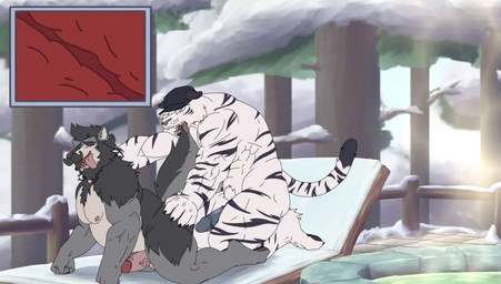 anal anal_penetration anthro balls baseball_cap beard big_penis bodily_fluids breeding_kink broken_condom butt clothing condom cum cum_inside detailed_background doggystyle duo ejaculation erection facial_hair from_behind_position fur genital_fluids genitals hat headgear headwear humanoid_genitalia humanoid_penis impregnation inflation male male/male male_impregnation male_penetrated male_penetrating male_penetrating_male musclegut muscular muscular_anthro muscular_male nipples nude penetration penile penis piercing pregnant pregnant_male sauna sex sexual_barrier_device stripes tail text wolfmotionalley gazuki cole_winters gustlywolf animal_humanoid canid canine canis felid feline felis humanoid mammal pantherine tiger wolf 2d_animation animated digital_media_(artwork) hi_res huge_filesize long_playtime sound webm