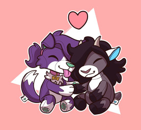 accessory anthro black_hair blue_inner_ear bone_pattern bone_tag collar collar_only collar_tag dipstick_tail duo eyes_closed floppy_ears gloves_(marking) green_inner_ear green_nose green_pawpads grey_body hair hair_accessory hair_tie heart_symbol hug hugging_another hugging_partner leg_markings male markings nude pawpads pink_tongue plushie purple_body purple_hair purple_tail socks_(marking) tail tail_markings text_on_collar_tag tied_hair tongue tongue_out wearing_collar white_body white_tail_tip somesacredbird dog_(somesacredbird) gloomy_(gloomyloomer) animate_inanimate border_collie bovid canid canine canis caprine collie domestic_dog domestic_goat goat herding_dog living_plushie mammal pastoral_dog pygmy_goat sheepdog 2023 digital_drawing_(artwork) digital_media_(artwork) english_description hi_res nonbinary_(lore)