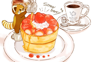 ambiguous_gender beverage biped brown_body brown_fur chibi coffee dot_eyes extreme_size_difference feral food fruit fur holding_character honey_(food) micro micro_in_hand pancake plant simple_eyes size_difference solo strawberry text shi_nominmin ailurid mammal red_panda 2020 hi_res