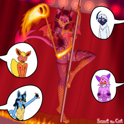 angry anthro anthrofied armwear big_breasts blush bodily_fluids breasts choker clothing cross-popping_vein crotchless_clothing cutaway dancing devious_grin ear_piercing ear_ring expression_cutaway eyebrow_piercing facial_piercing fake_horns female fire fishnet_armwear fishnet_clothing fishnet_leggings fishnet_legwear fur genital_fluids genitals green_eyes hair heart_eyes heart_symbol huge_breasts jewelry leggings legwear makeup male melee_weapon membrane_(anatomy) membranous_wings money necklace nipples paws piercing pink_body pink_fur pole pole_dancing polearm purple_body purple_fur purple_hair ring_piercing shelf_bra solo_focus sparks succubus_costume trident vaginal_fluids vulva weapon wings yellow_body yellow_fur scoutthecat02 nintendo pokemon april_swanton may_persimmon absol eeveelution espeon flareon generation_1_pokemon generation_2_pokemon generation_3_pokemon generation_4_pokemon generation_5_pokemon liepard lucario pokemon_(species) 1:1 absurd_res hi_res