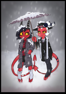 asian_clothing black_border black_hair blush border bottomwear buckteeth chinese_clothing clothing duo east_asian_clothing fangs fedora female freckled_face freckles fur_coat hair hat headgear headwear horn male necktie skirt snow suit tail teeth umbrella white_hair winter yellow_eyes crowskull hellaverse helluva_boss millie_(helluva_boss) moxxie_(helluva_boss) demon imp absurd_res hi_res