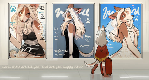 advertisement anthro black_clothing black_dress bottomwear bra brown_body brown_fur choker clothed clothed_anthro clothed_female clothing dress female footwear fully_clothed fully_clothed_anthro fully_clothed_female fur hair jewelry miniskirt necklace poster poster_(object) skirt socks solo suitcase text toeless_footwear toeless_socks underwear wedding_dress white_hair oofycolorful veil_scene_14_redraw_(meme) canid canine canis domestic_dog mammal english_text hi_res