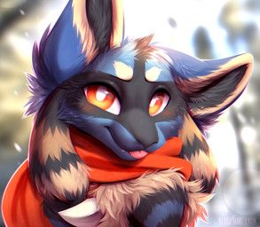 ambiguous_gender anthro black_body black_fur blep blue_body blue_fur blurred_background fur head_tuft looking_at_viewer mouth_closed orange_eyes outside red_tongue solo striped_body striped_fur stripes tan_body tan_fur text tongue tongue_out tuft bloominglynx nintendo pokemon generation_4_pokemon lucario pokemon_(species) artist_name bust_portrait hi_res portrait