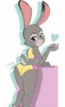 2016 alternate_version_at_source anthro butt camel_toe chronicsoda clothed clothing disney female fur grey_body grey_fur heart_symbol hi_res judy_hopps lagomorph leporid looking_at_viewer looking_back mammal midriff pink_nose purple_eyes rabbit rear_view simple_background solo white_background zootopia