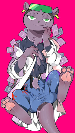 3_toes anthro barefoot belt bottomwear claws clothed clothing coat crotch_tuft denim denim_bottomwear denim_clothing digitigrade ear_piercing eyewear eyewear_on_head feet female fur goggles goggles_on_head green_eyes jeans lab_coat legs_up lying money off_shoulder on_back open_belt open_bottomwear open_clothing open_pants pants paws piercing purple_body purple_fur shirt smile soles solo sunglasses toe_claws toes topwear torn_clothing tuft mentha brand_new_animal studio_trigger marie_itami mammal mink mustelid musteline true_musteline absurd_res digital_media_(artwork) hi_res shaded