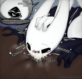 anthro assisted_rape black_body black_eyes blue_background blush bodily_fluids cum cum_in_mouth cum_inside dark_body dark_skin dialogue ejaculation fellatio female first_person_view forced forced_fellatio forced_oral genital_fluids genitals group male male/female oral penile penis pubes rape sex simple_background smile speech_bubble tears text trio white_body white_eyes yamtidiotnsfw hollow_knight:_silksong hollow_knight_(franchise) team_cherry hornet_(hollow_knight) lace_(hollow_knight:_silksong) arthropod human insect mammal hi_res