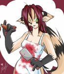 anthro apron apron_only biped black_body black_ears black_fur black_nose black_tail blood blood_on_apron blood_on_clothing bodily_fluids breasts butcher cleaver_(knife) clothed clothing cutlery female food fur gloves_(marking) green_eyes hair holding_cleaver holding_food holding_meat holding_object holding_sausage kitchen_knife kitchen_utensils knife looking_at_viewer markings meat mostly_nude multicolored_body multicolored_ears multicolored_fur multicolored_tail purple_hair sausage sausage_links sausages simple_background solo standing tail tan_body tan_ears tan_fur tan_tail tools two_tone_body two_tone_ears two_tone_fur two_tone_tail white_apron white_clothing renee_wruck canid canine mammal low_res source_request