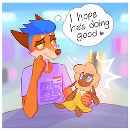 5_fingers anthro black_text blue_hair blurred_background border brown_ears brown_nose cheek_tuft closed_smile clothing facial_tuft fingers fur hair heart_after_text heart_symbol holding_object holding_plushie looking_at_object looking_at_plushie male mouth_closed name_tag narrowed_eyes orange_body orange_fur plushie purple_clothing purple_shirt purple_topwear shirt smile solo t-shirt tan_body tan_fur text text_on_clothing text_on_shirt text_on_topwear thought_bubble topwear tuft white_border yellow_sclera heresvix connor_(heresvix) dani_(heresvix) bovid canid canine caprine fox mammal sheep 2025 comic english_text hi_res one_panel_comic trans_(lore) trans_man_(lore)