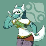 anthro armwear black_sclera clothed clothing crossdressing femboy gerudo_outfit jewelry male mouth_mask simple_background solo tail apollo_caelum_(artist) apollo_caelum alien gieeg 1:1 hi_res