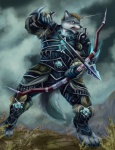 5_fingers action_pose anthro armor arrow_(weapon) biped bow_(weapon) fingers green_eyes holding_object holding_weapon male muscular muscular_anthro muscular_male pose ranged_weapon solo warrior weapon year asterionblazing canid canine canis mammal wolf 2011