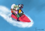 4_toes 5_fingers anthro big_tail black_body black_fur brown_eyes clothing duo feet female fingers fluffy fluffy_tail fur green_eyes green_hair hair inner_ear_fluff jetski life_jacket life_preserver male markings multicolored_body multicolored_fur one-piece_swimsuit one_eye_closed open_mouth outside riding simple_background smile swimming_trunks swimwear tail tan_body tan_fur toes tuft two_tone_body two_tone_fur vehicle water white_body white_fur wink young young_anthro itwasscatters dook_(lildooks) lemmy_(lemmy_niscuit) domestic_ferret mammal mephitid mustelid musteline skunk spotted_skunk true_musteline weasel absurd_res hi_res