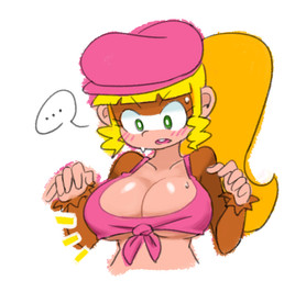 anthro anthrofied beret big_breasts blonde_hair blush bodily_fluids breasts brown_body brown_fur clothing collarbone ellipsis female fur green_eyes hair hat headgear headwear looking_down open_mouth ponytail shirt simple_background solo surprised sweat sweatdrop tied_shirt topwear under_boob white_background minus8 donkey_kong_(series) nintendo dixie_kong ape haplorhine kong mammal monkey primate 2020 half-length_portrait portrait