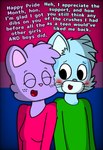 anthro bisexual_pride_colors blush clothed clothing dialogue duo female female_anthro freckles fur hair happy lgbt_pride love male male/female male_anthro markings nuzzling pride_colors romantic romantic_couple simple_background smile spots spotted_body spotted_fur text whiskers eggnaug lgbt_pride_month lucy_(eggnaug) marshall_(eggnaug) domestic_cat felid feline felis mammal 2024 colored digital_drawing_(artwork) digital_media_(artwork) english_text hi_res shaded url