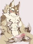 abs anthro athletic athletic_anthro balls black_sclera blush bodily_fluids erection foreskin genital_fluids genitals green_eyes humanoid_genitalia humanoid_penis kemono male nude pecs penis precum solo reizohozon lifewonders tokyo_afterschool_summoners seth_(tas) canid canine canis jackal mammal 3:4