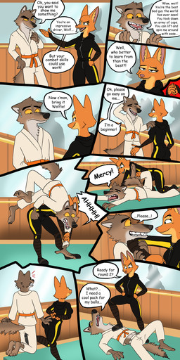 anthro canon_couple clothing dialogue duo female fight male match text train training vehicle wusli dreamworks the_bad_guys diane_foxington mr._wolf_(the_bad_guys) canid canine canis fox mammal wolf 1:2 comic english_text hi_res
