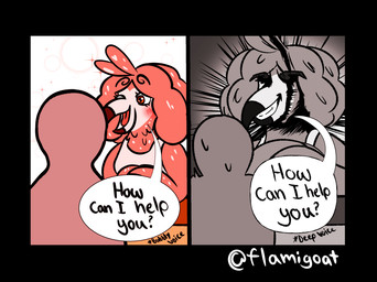 2_panel_comic ambiguous_gender ambiguous_humanoid anthro asking_another beak bent_arm black_border black_eyebrows blush blush_lines bodily_fluids border breasts clothed clothed_anthro clothed_female clothing counter dialogue duo eyebrows eyelashes feather_hair feathers female female_anthro grey_body grey_feathers grey_hair hair hands_together markings medium_hair nervous nervous_sweat non-mammal_breasts open_beak open_mouth open_smile pink_body pink_feathers pink_hair pseudo_hair red_beak red_body red_eyes red_tongue shirt simple_background smile smiling_at_another sparkles sweat tank_top teeth text tongue toothed_beak toothy_grin topwear white_beak white_clothing white_markings white_shirt white_tank_top white_topwear flamigoat flam_(flamigoat) avian bird flamingo humanoid 2025 artist_name colored comic digital_drawing_(artwork) digital_media_(artwork) english_description english_text hi_res shaded