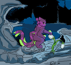 ambiguous_gender anthro black_sclera butt cave crouching fur glowing_plants humor nude nude_anthro pink_body pink_fur purple_body purple_fur solo striped_body striped_fur stripes yellow_eyes 4chan_anon casualties:_unknown daily_dose gunsaw domestic_cat felid feline felis gunsawian mammal voyager_(gunsawian) low_res meme
