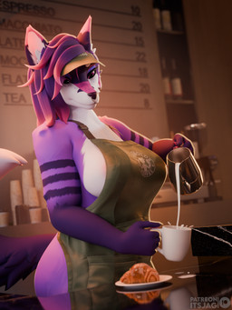 anthro apron apron_only arm_markings barista biped blaze_(marking) bread cafe clothing coffee_mug coffee_shop container countershading croissant cup facial_markings female food hat head_markings headgear headwear holding_container holding_cup holding_object inside markings messy milk mostly_nude pastry pouring purple_body solo splash standing tail visor_cap working itsjag jag canid canine fox mammal 3:4 3d_(artwork) absurd_res blender_(artwork) blender_cycles_(artwork) digital_media_(artwork) half-length_portrait hi_res portrait trans_(lore) trans_woman_(lore)
