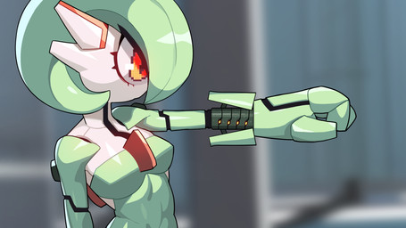 black_body breasts female fist green_body green_hair hair iris machine medium_breasts multicolored_body not_furry pupils red_body side_view solo white_body drunk_oak nintendo pokemon gardevoir generation_3_pokemon humanoid pokemon_(species) robot 16:9 2022 hi_res widescreen
