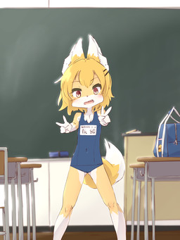 anthro blush clothing detailed_background double_v_sign female female_anthro gesture hand_gesture inside kemono looking_at_viewer one-piece_swimsuit open_mouth school school_bag school_swimsuit school_uniform smile solo standing swimwear uniform v_sign young young_anthro aogitsune_jitto canid canine fox mammal 2020 3:4 hi_res