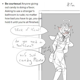 anthro bathroom_denial bladder_bulge blush blush_lines bulge clothing costume cross cross_necklace dialogue directional_arrow halo holidays jewelry knock-kneed male necklace offscreen_character omorashi overalls solo speech_bubble text time trick-or-treating paddle-boat halloween angel_(paddle-boat) deer mammal 1:1 digital_drawing_(artwork) digital_media_(artwork) english_description english_text hi_res restricted_palette