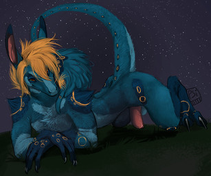 anthro blonde_hair blue_body blue_fur crossed_arms erection fur genitals hair humanoid_genitalia humanoid_penis long_ears lying male male_anthro night nude nude_anthro nude_male on_front outside penis pink_penis red_eyes skinny skinny_anthro skinny_male solo star tail tapering_tail teal_body teal_fur i-psilone mythology underscore_(character) dragon furred_dragon furred_scalie mythological_creature mythological_scalie scalie 2017