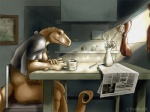 anthro beverage biped bottomless breasts chair clothed clothing coffee detailed_background female food furniture inside kitchen morning mostly_nude newspaper non-mammal_breasts open_clothing open_shirt open_topwear shirt sitting slice_of_life solo table tail topwear waking_up syrinoth slither jenny_(slither) komodo_dragon lizard monitor_lizard reptile scalie 2008