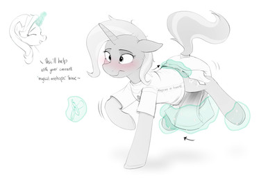 blush clothing diaper diaper_change duo female feral glowing horn levitation magic pacifier text daydreamed friendship_is_magic hasbro my_little_pony mythology starlight_glimmer_(mlp) trixie_(mlp) equid equine mammal mythological_creature mythological_equine unicorn absurd_res english_text hi_res restricted_palette