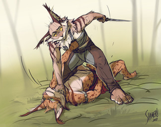 anthro armlet barefoot belt blurred_background bottomwear chest_wraps clothed clothing duo ear_piercing ear_ring ear_tuft feet female fight fur green_eyes hand_on_throat inner_ear_fluff knife male outside pants paws piercing pinned pinned_to_ground plant ring_piercing spots stripes topless tree tuft whiskers wraps yellow_eyes shamerli koda_(kodalynx) niki_(shamerli) felid feline lynx mammal 2023 digital_media_(artwork) hi_res signature