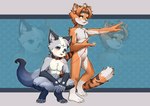 accessory anthro collar crouching digitigrade duo featureless_crotch headband heart_pupils kemono leash male plantigrade maplessssss_(artist) rancerayk0314_(character) canid canine felid mammal pantherine tiger absurd_res hi_res