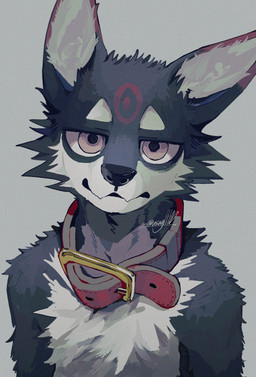 anthro black_body clothed clothing collar expressions grey_background looking_at_viewer male mouth_closed simple_background solo topless usag11100 canid canine canis mammal wolf half-length_portrait hi_res portrait signature